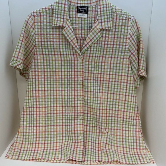 Southern Lady Blouse Size M Coral Green Plaid Butt - Picture 1 of 4